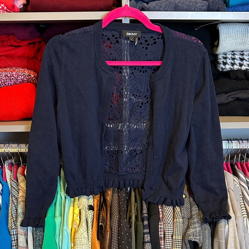 DKNY navy lace back ruffled hem and cuff cropped open front cardigan size S